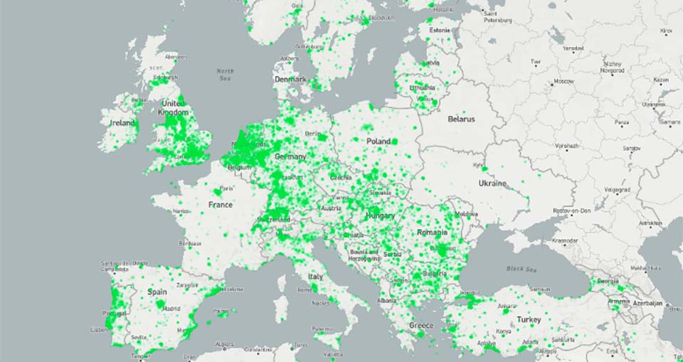 Map showcasing Helium’s network presence in Europe
