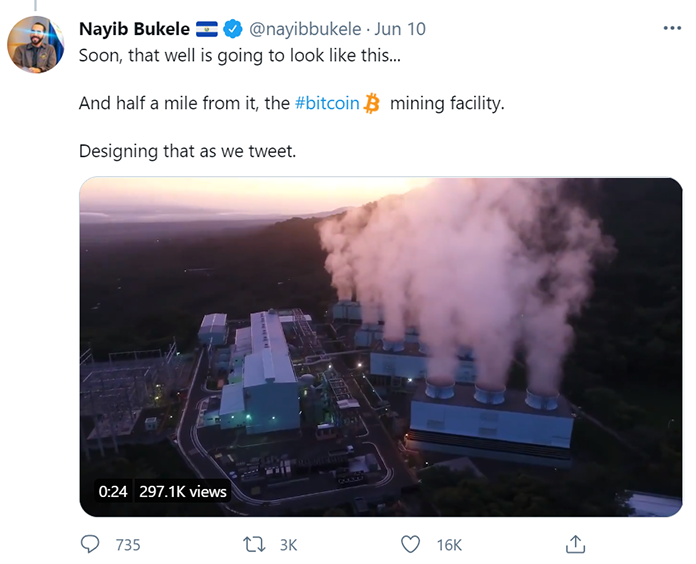 El Salvadoran President Nayib Bukele Twitter posts about bitcoin mining