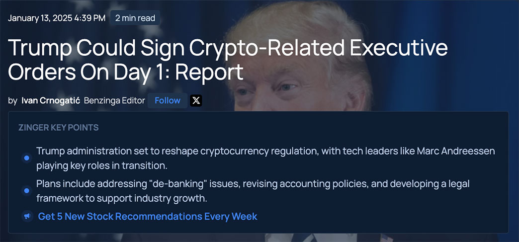 Trump podr&iacute;a firmar &oacute;rdenes ejecutivas relacionadas con las criptomonedas desde el primer d&iacute;a