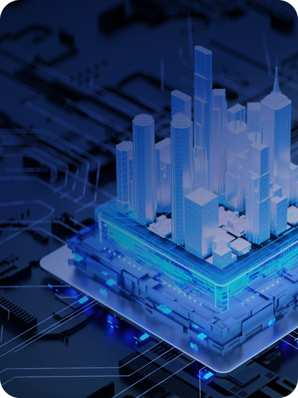 City skyline on computer chip 