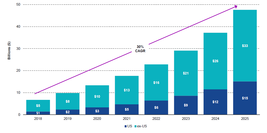 Schaubild zeigt das starke Absatzwachstum bei alternativen Proteinenvon 2018 bis 2025