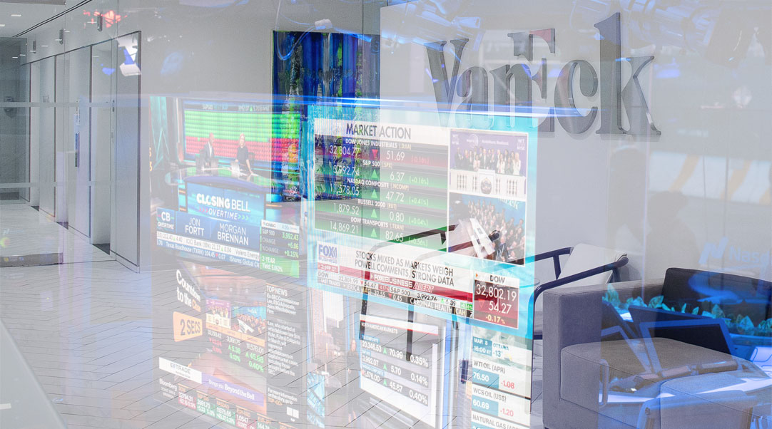 VanEck office space with market news rendering on glass office wall