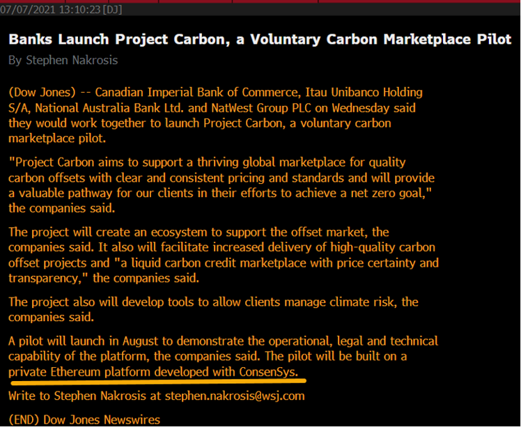 Banken starten „Project Carbon“, ein Pilotprojekt für einen freiwilligen CO2-Marktplatz.