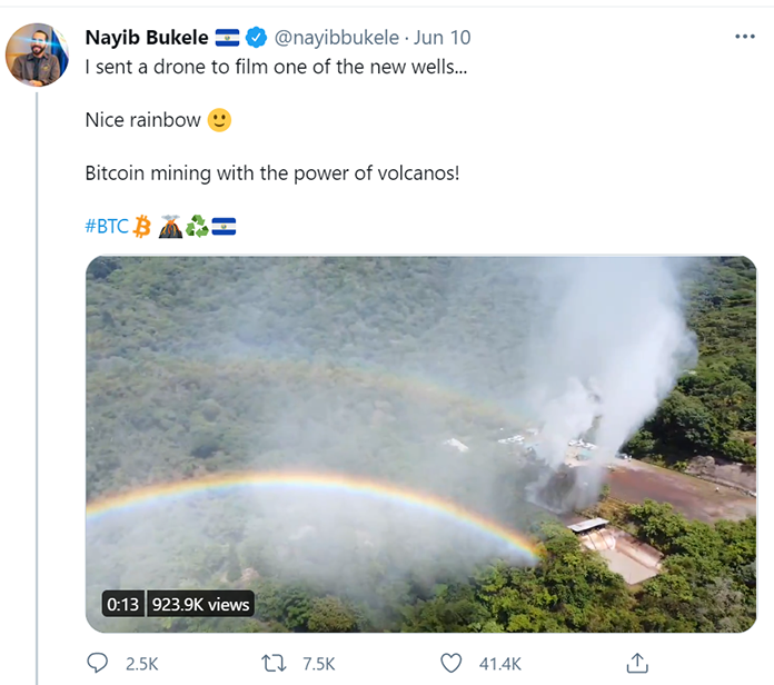 I post su Twitter del presidente del Salvador, Nayib Bukele, riguardanti l'estrazione di bitcoin