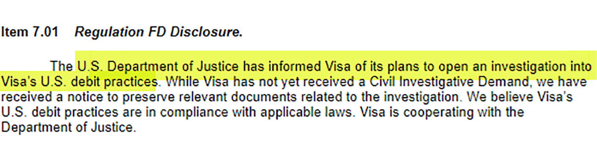 Visa rivela di essere sotto indagine del Dipartimento della giustizia per il problema degli addebiti